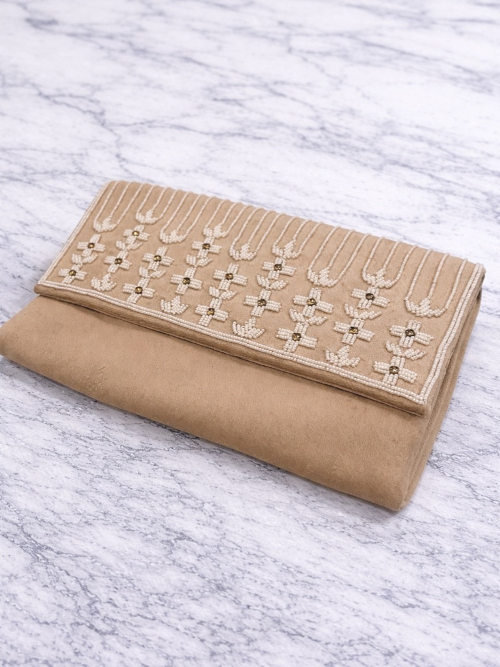 Beaded Suede Foldover Clutch in Camel
